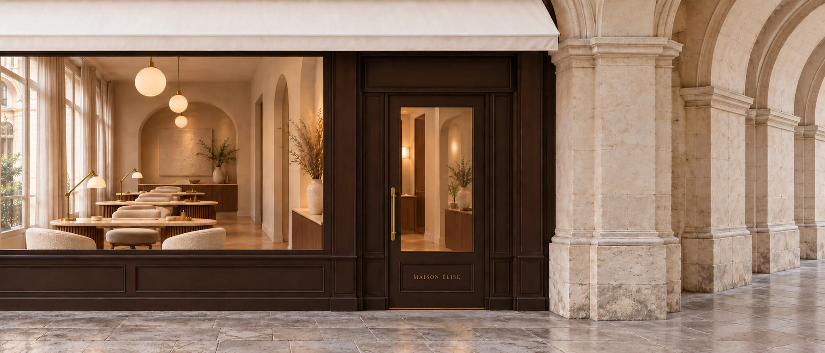 Atelier facade with ivory awning and brass lettering (fictional brand)
