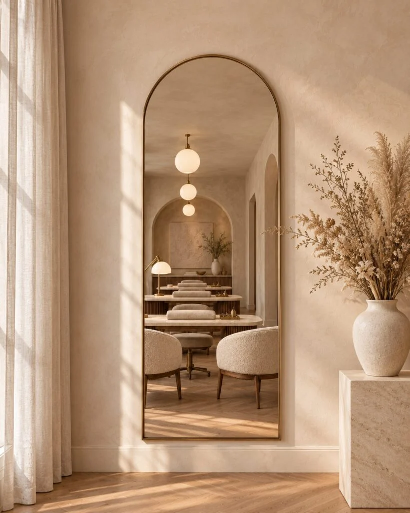Linen curtains, arched mirror, dried florals