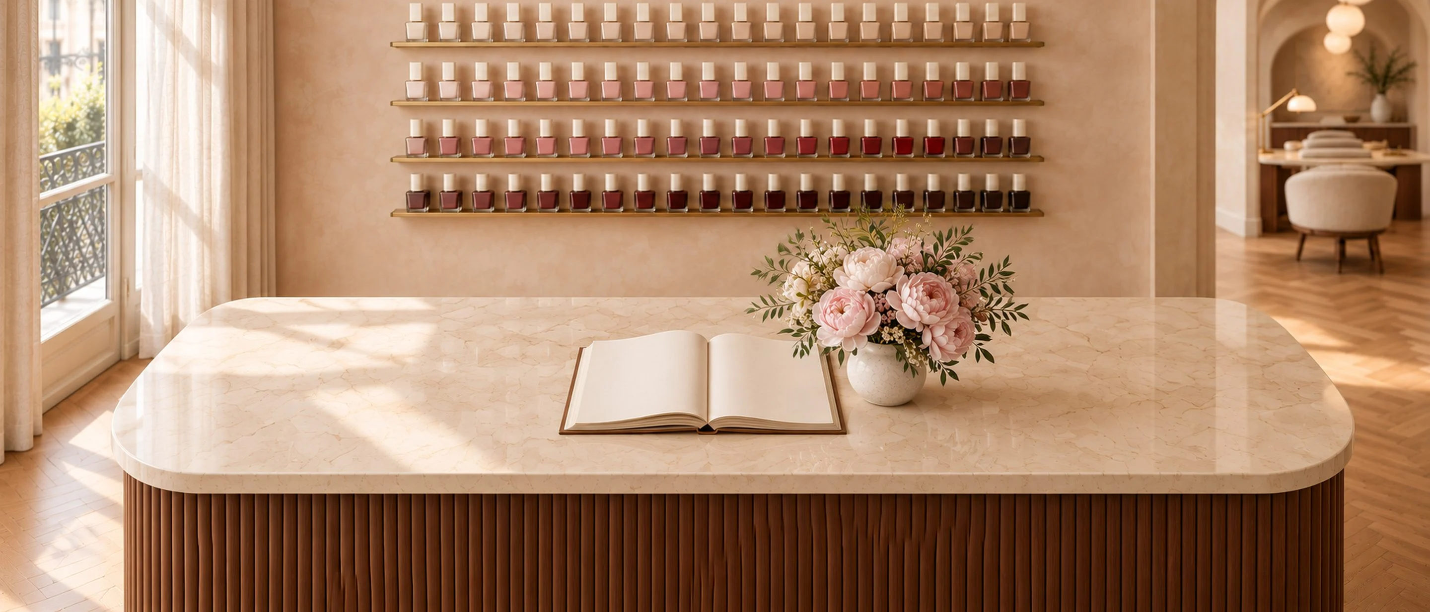 Reception desk with appointment book and fresh peonies