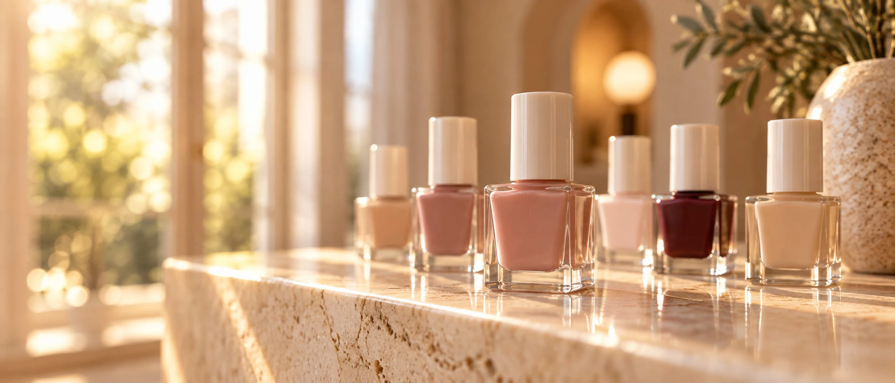 Polish bottles in soft focus on travertine