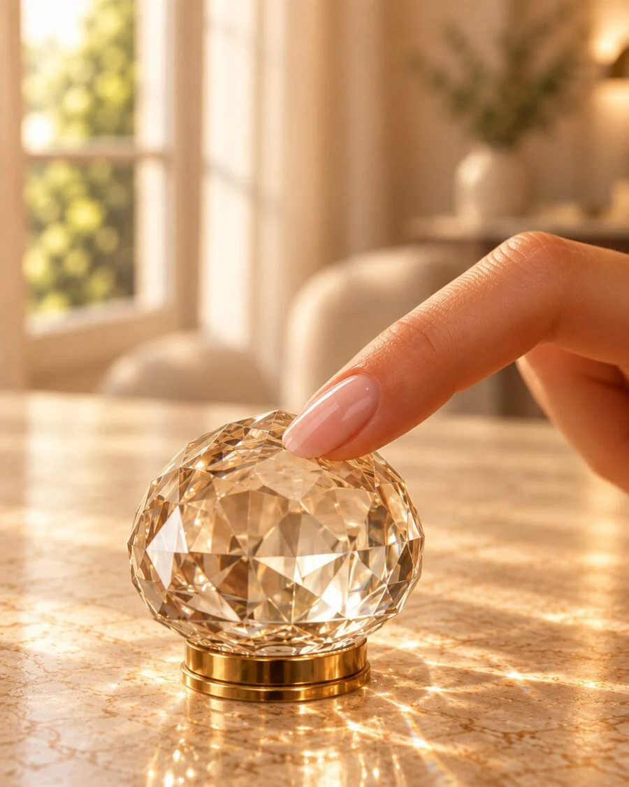 Macro of a single glossy rose-nude nail touching a crystal perfume stopper