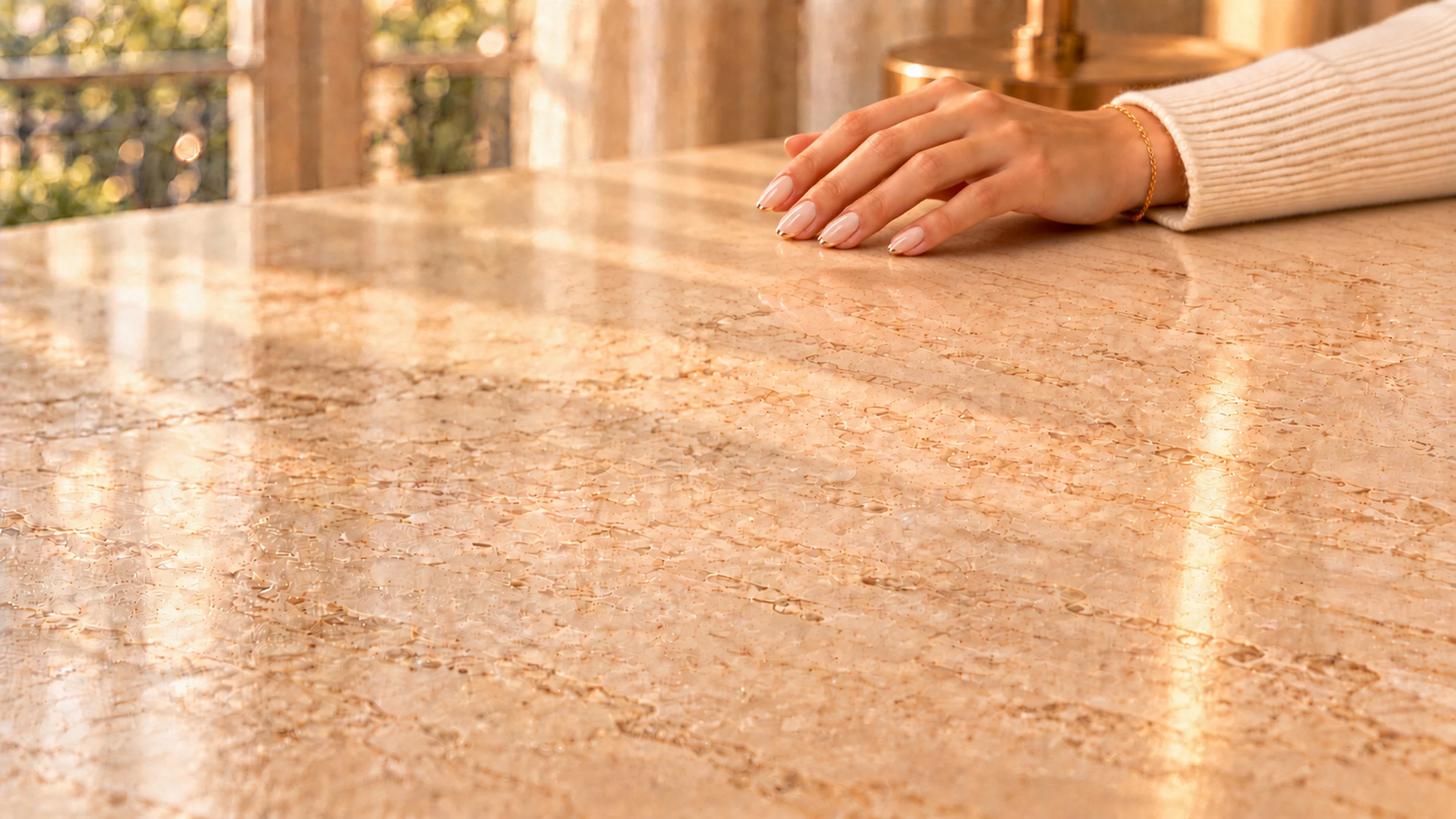 Close-up of a hand resting on warm travertine, sculpted almond nails in milky nude with a fine champagne chrome tip