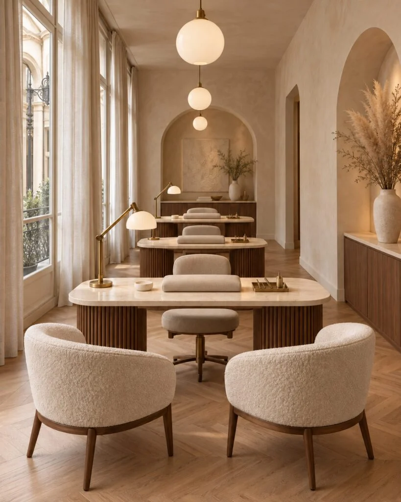 The atelier: ivory boucle chairs, a walnut manicure table, linen curtains, a vase of dried pampas
