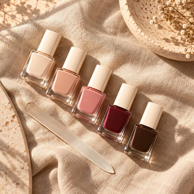Flat lay of polish bottles in nude, rose and espresso tones on raw linen with a brass file