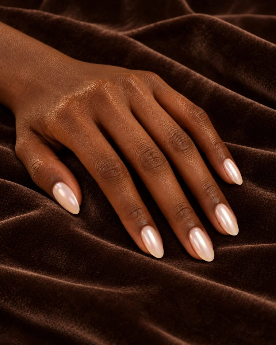 Chrome glazed-donut nails catching light