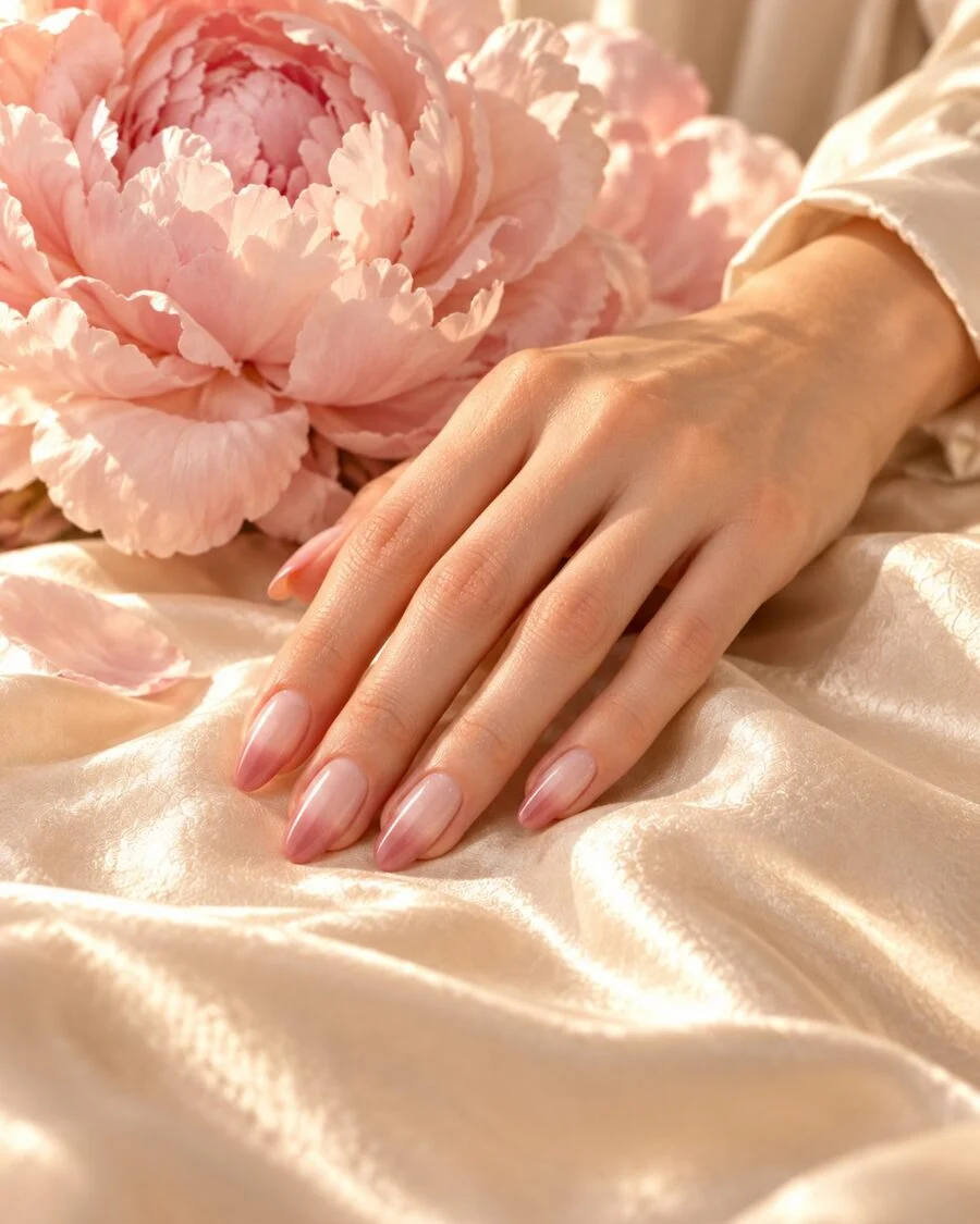Dusty rose ombré almond nails holding a peony