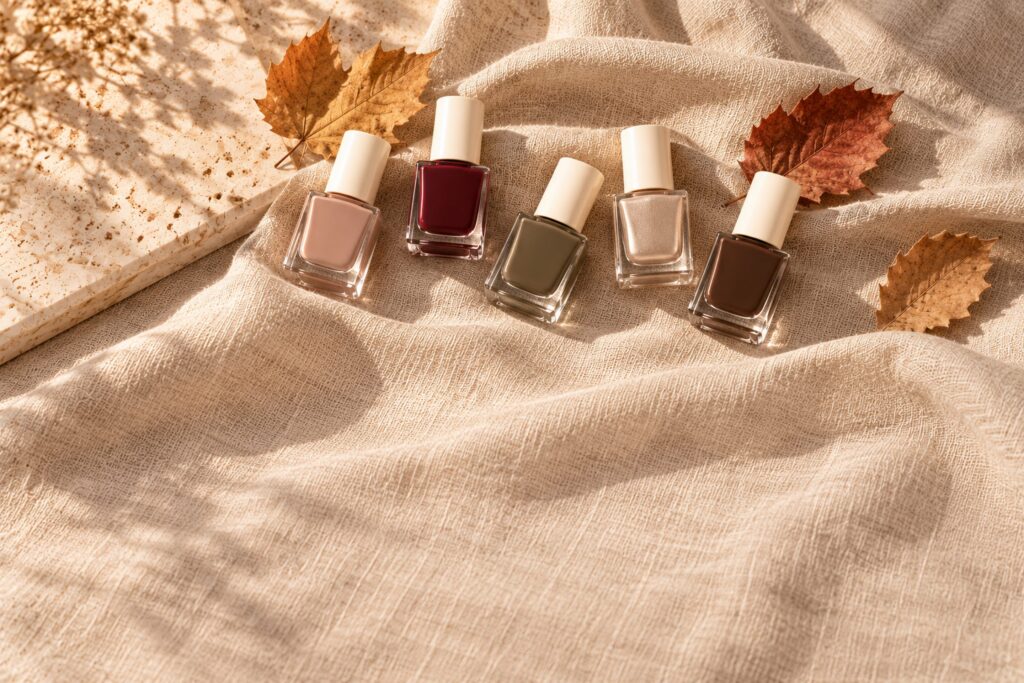 Autumn palette swatches with fallen leaves