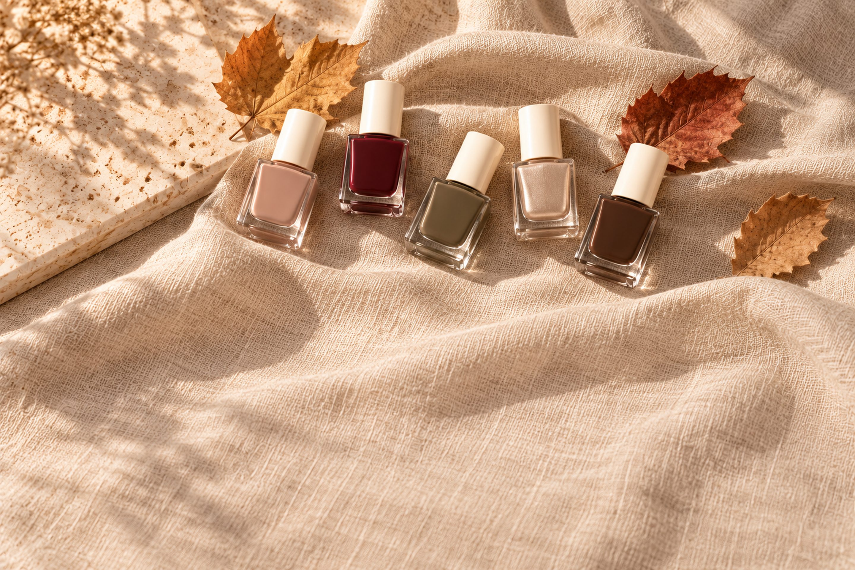 Autumn palette swatches with fallen leaves