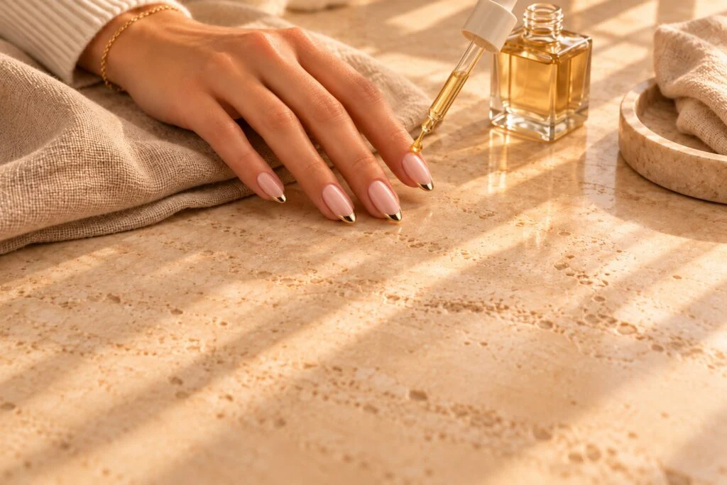 Cuticle oil dropper on fingertip
