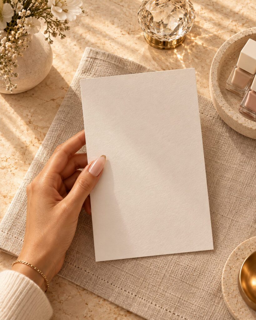Hand holding a menu card (blank) on linen