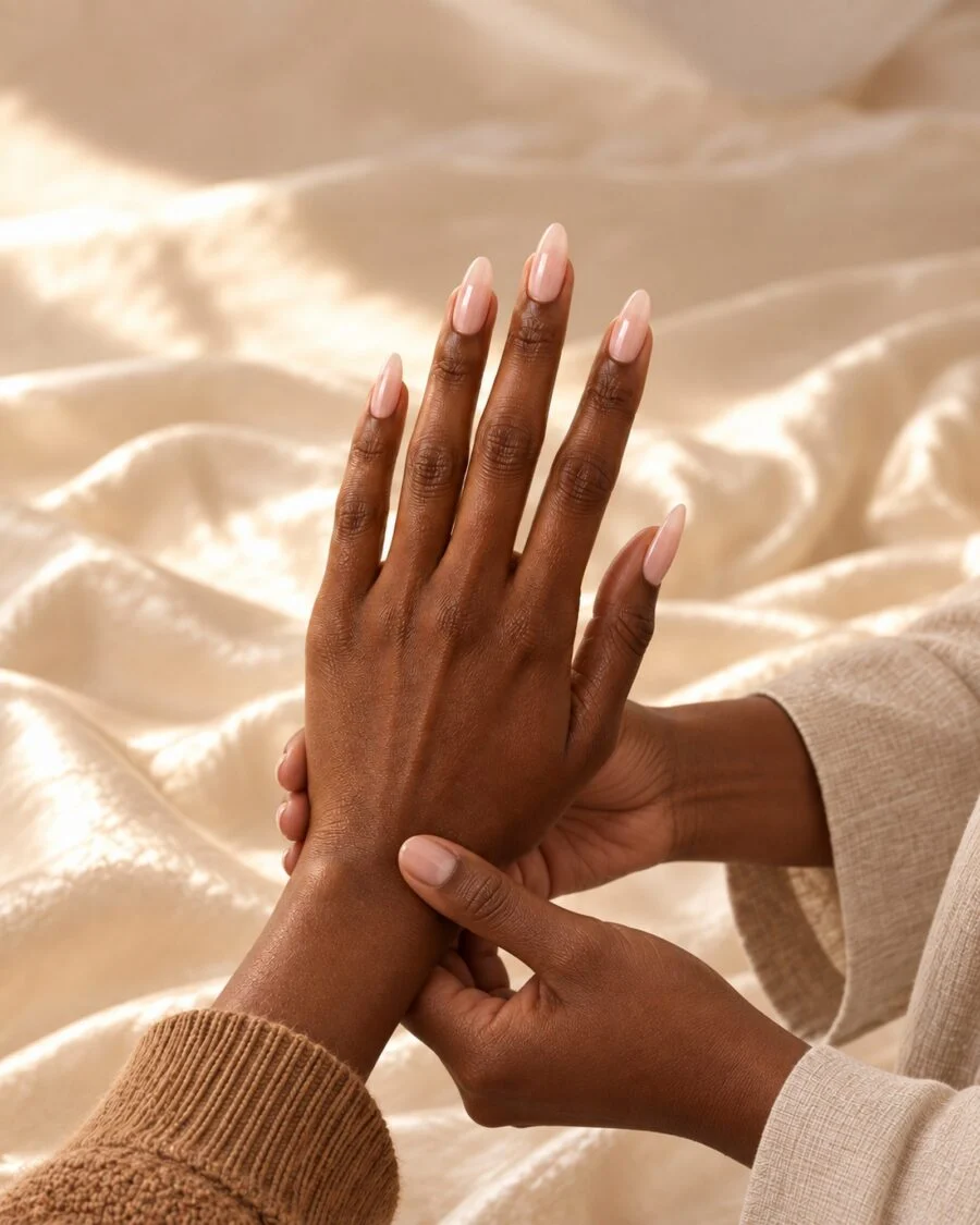 Long sculpted almond extensions in milky pink, hand posed against ivory silk