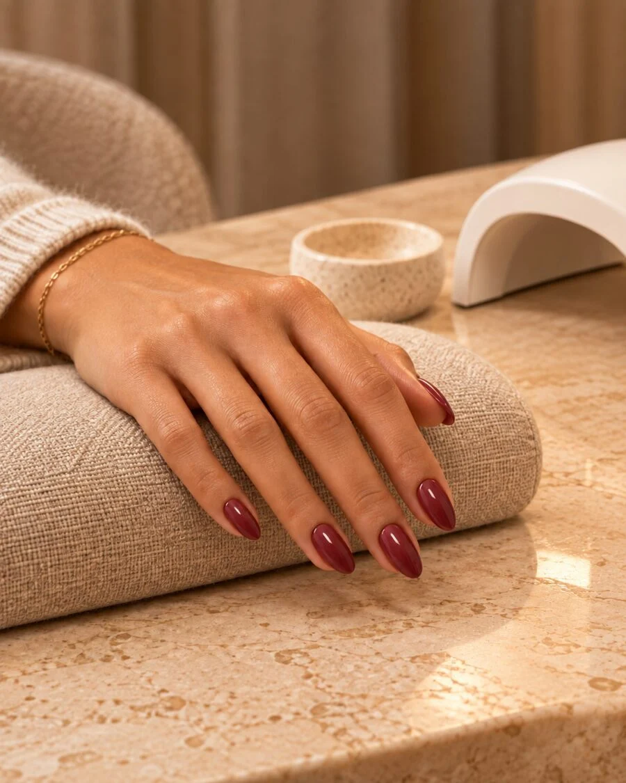 Glossy gel manicure in deep rose under a soft LED glow