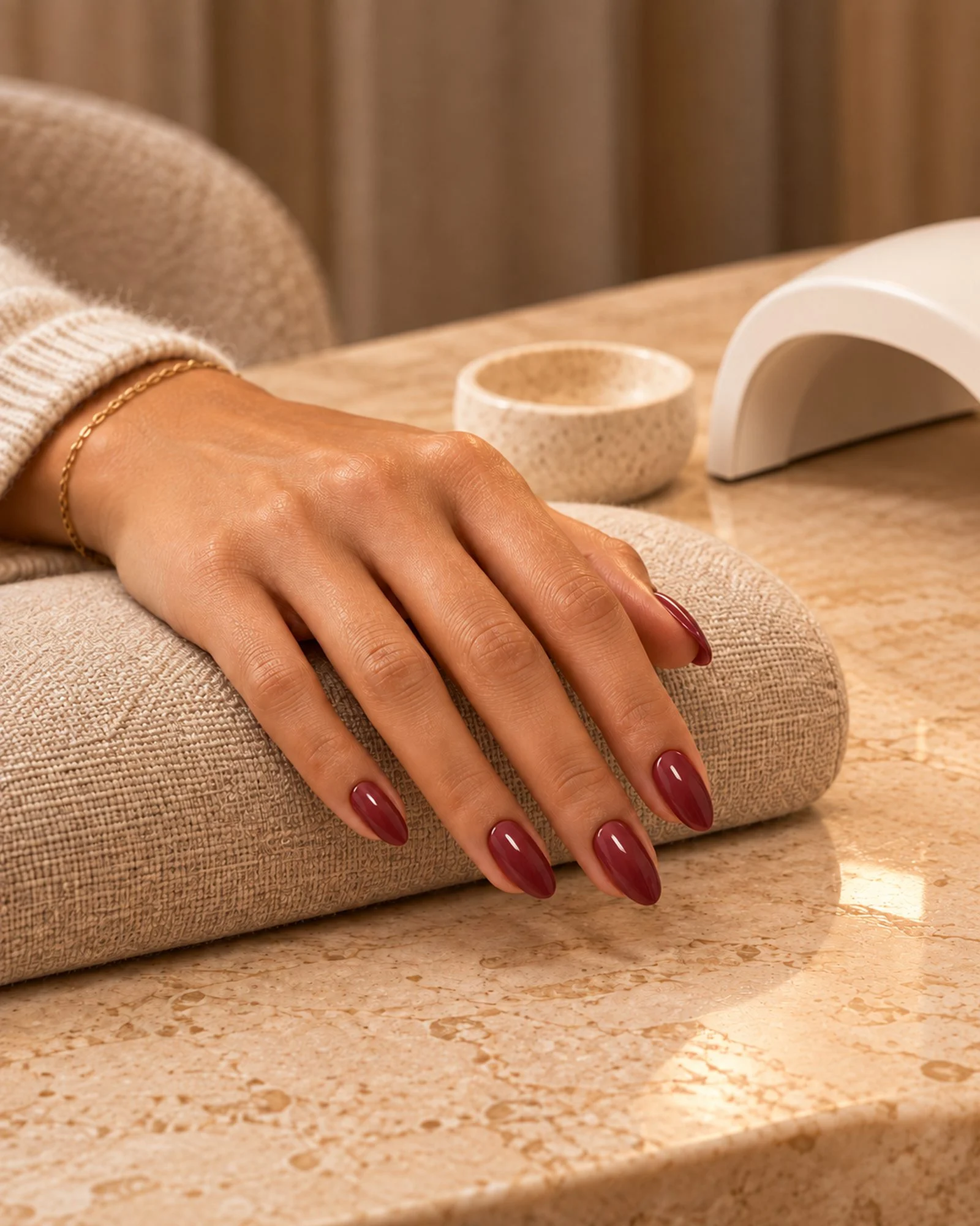 Glossy gel manicure in deep rose under a soft LED glow