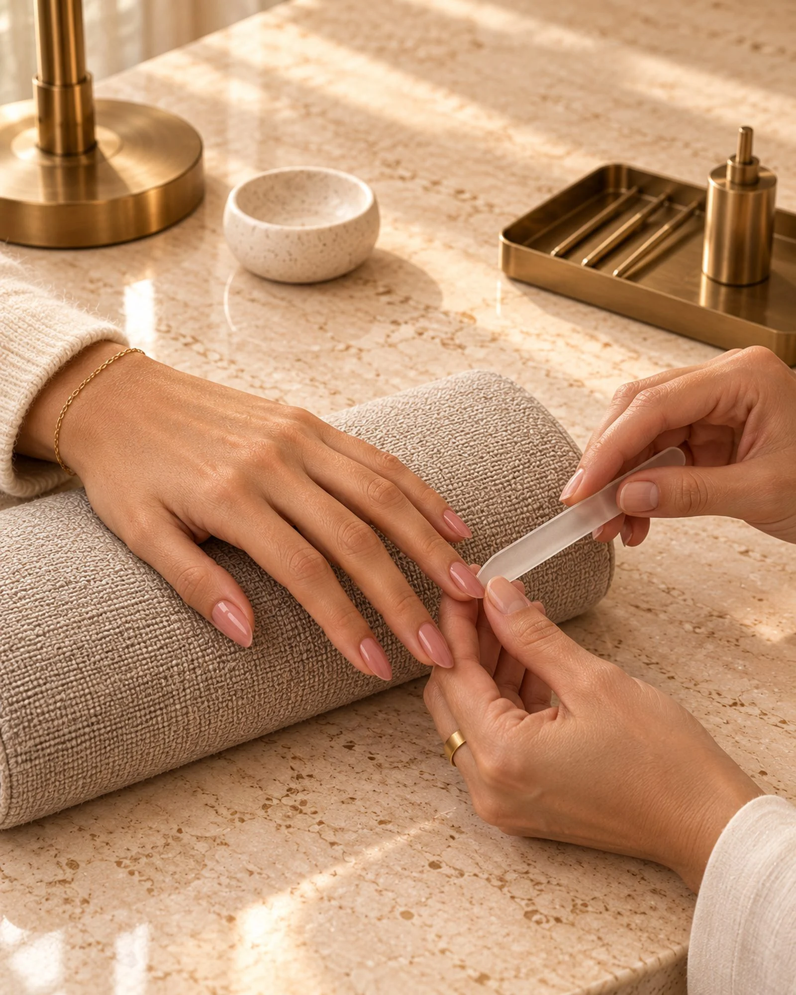 Technician shaping a client's natural nails with a glass file