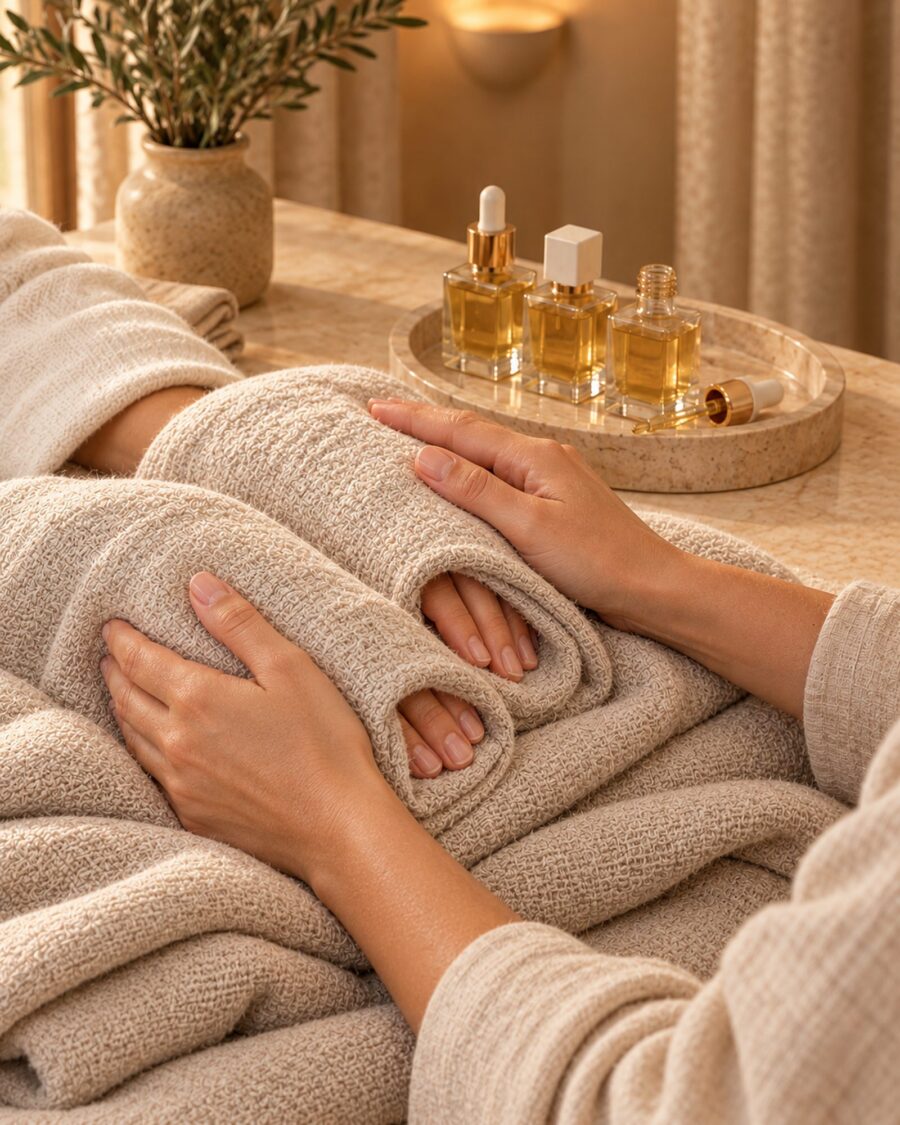 Warm paraffin and oil massage, hands wrapped in a linen towel