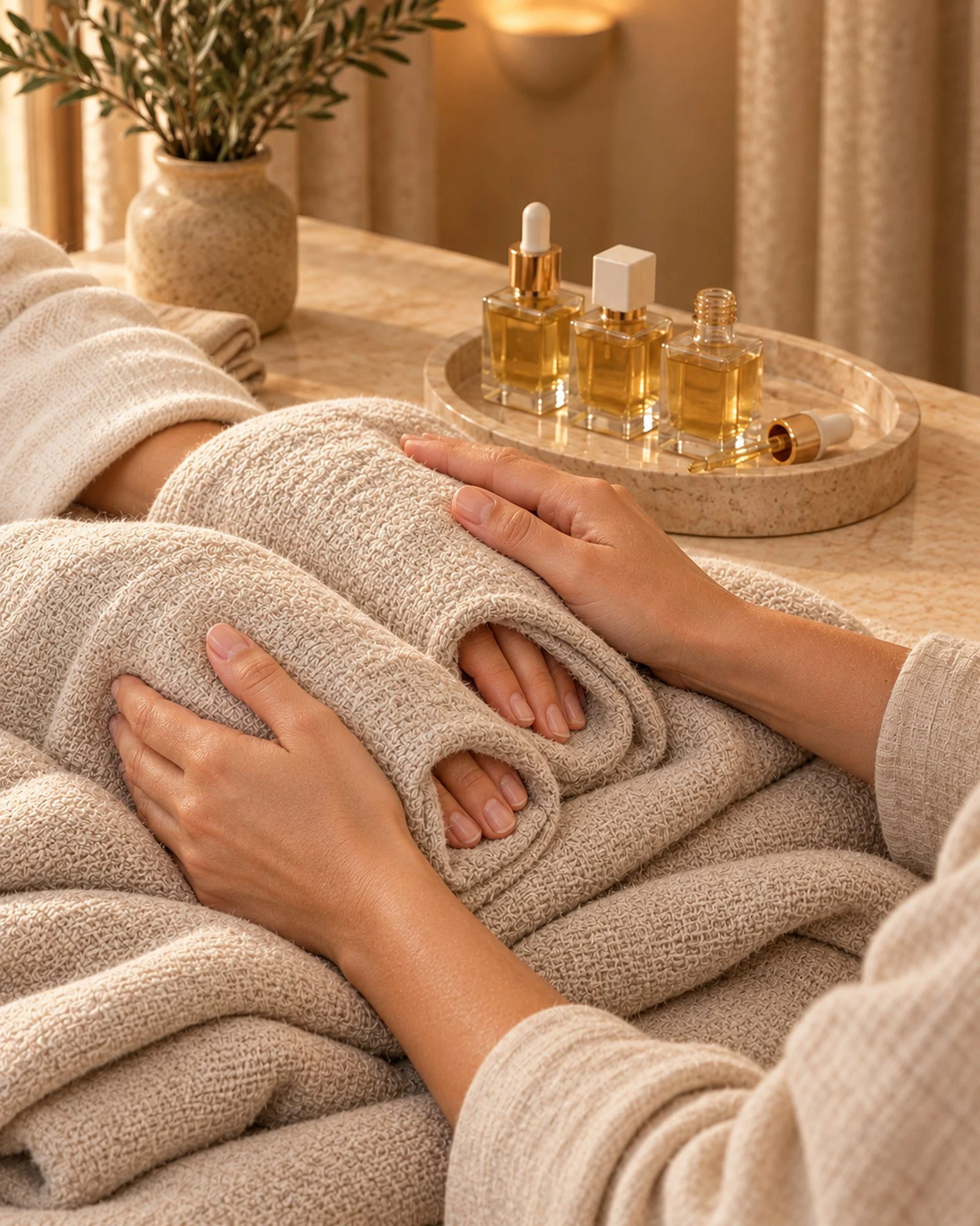 Warm paraffin and oil massage, hands wrapped in a linen towel